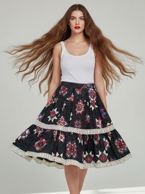 Red White Blue Geometric Patchwork Circle Skirt – Handmade Size M